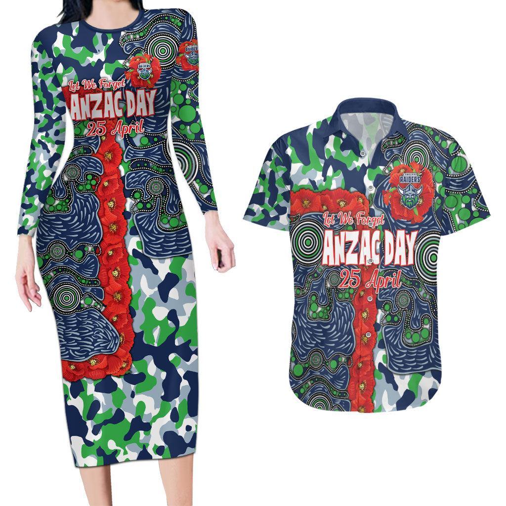 Canberra Raiders ANZAC Couples Matching Long Sleeve Bodycon Dress and Hawaiian Shirt Indigenous Wave Pattern Poppy Remembrance Viking Warrior