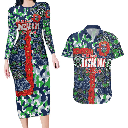 Canberra Raiders ANZAC Couples Matching Long Sleeve Bodycon Dress and Hawaiian Shirt Indigenous Wave Pattern Poppy Remembrance Viking Warrior