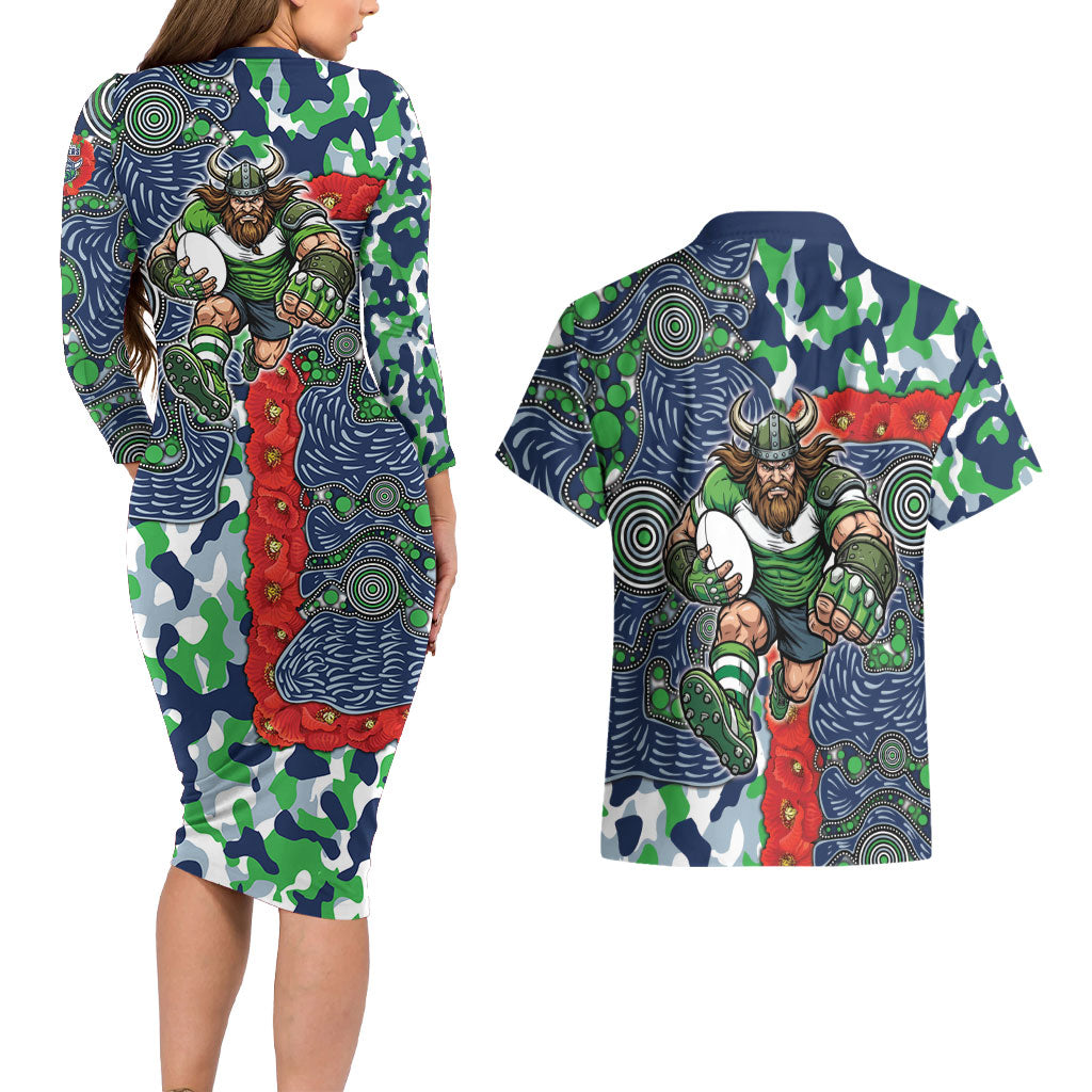 Canberra Raiders ANZAC Couples Matching Long Sleeve Bodycon Dress and Hawaiian Shirt Indigenous Wave Pattern Poppy Remembrance Viking Warrior
