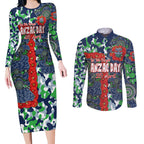 Canberra Raiders ANZAC Couples Matching Long Sleeve Bodycon Dress and Long Sleeve Button Shirt Indigenous Wave Pattern Poppy Remembrance Viking Warrior