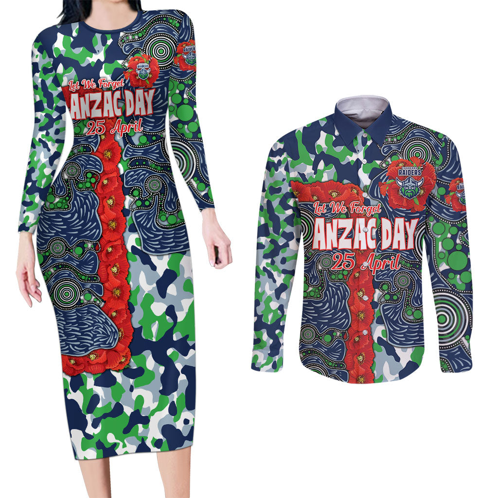 Canberra Raiders ANZAC Couples Matching Long Sleeve Bodycon Dress and Long Sleeve Button Shirt Indigenous Wave Pattern Poppy Remembrance Viking Warrior