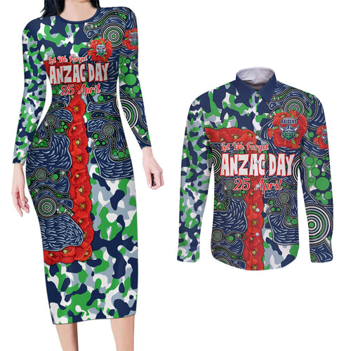 Canberra Raiders ANZAC Couples Matching Long Sleeve Bodycon Dress and Long Sleeve Button Shirt Indigenous Wave Pattern Poppy Remembrance Viking Warrior