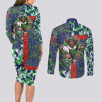 Canberra Raiders ANZAC Couples Matching Long Sleeve Bodycon Dress and Long Sleeve Button Shirt Indigenous Wave Pattern Poppy Remembrance Viking Warrior