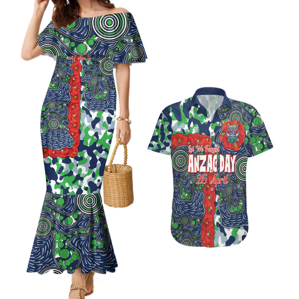 Canberra Raiders ANZAC Couples Matching Mermaid Dress and Hawaiian Shirt Indigenous Wave Pattern Poppy Remembrance Viking Warrior