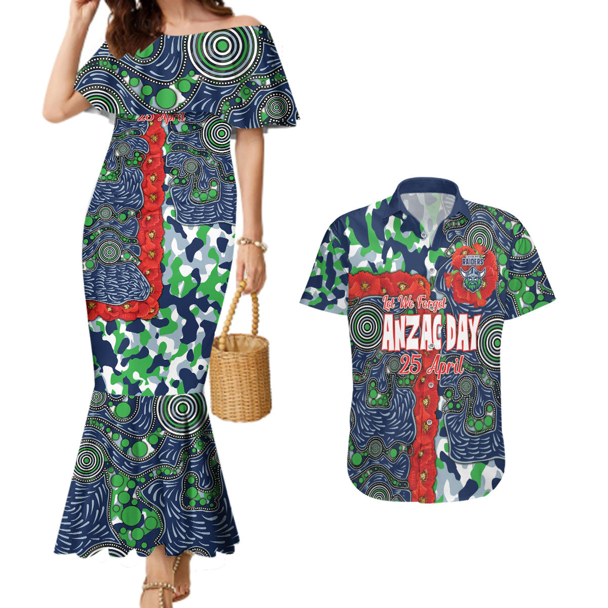Canberra Raiders ANZAC Couples Matching Mermaid Dress and Hawaiian Shirt Indigenous Wave Pattern Poppy Remembrance Viking Warrior