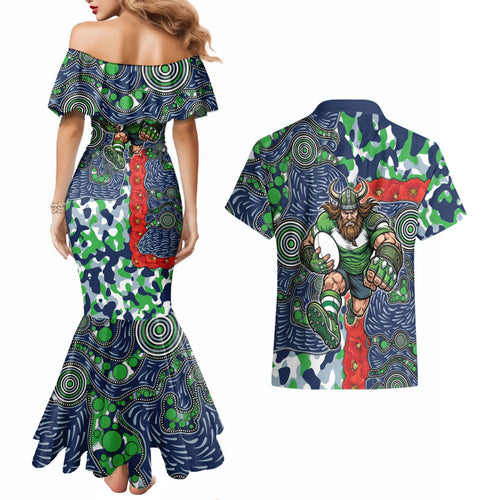 Canberra Raiders ANZAC Couples Matching Mermaid Dress and Hawaiian Shirt Indigenous Wave Pattern Poppy Remembrance Viking Warrior