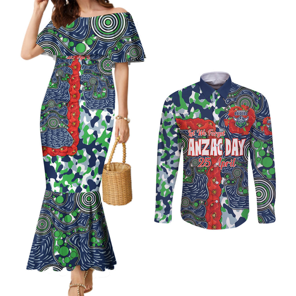Canberra Raiders ANZAC Couples Matching Mermaid Dress and Long Sleeve Button Shirt Indigenous Wave Pattern Poppy Remembrance Viking Warrior