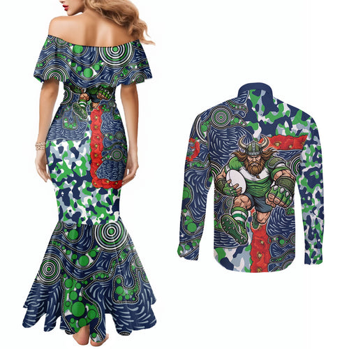 Canberra Raiders ANZAC Couples Matching Mermaid Dress and Long Sleeve Button Shirt Indigenous Wave Pattern Poppy Remembrance Viking Warrior