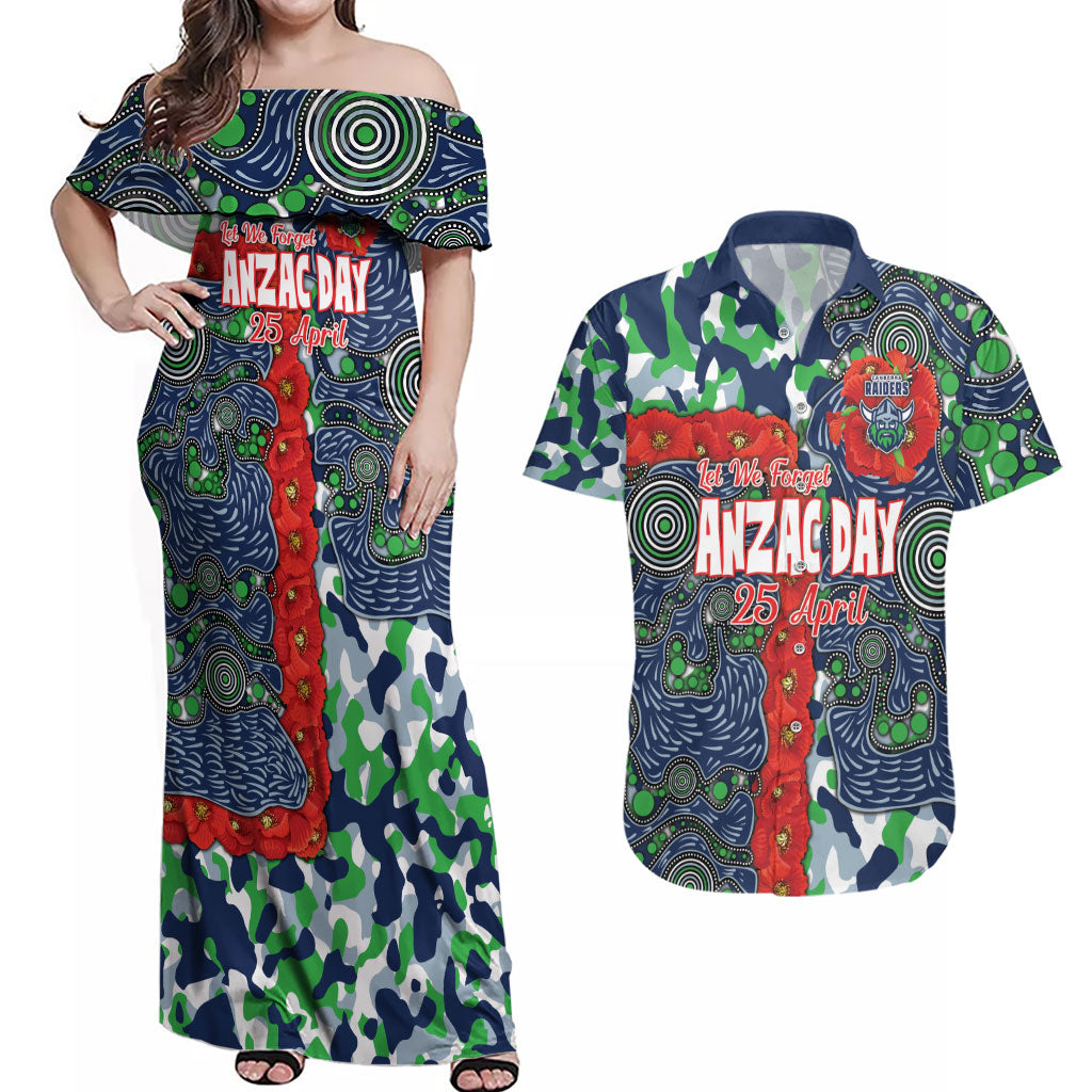 Canberra Raiders ANZAC Couples Matching Off Shoulder Maxi Dress and Hawaiian Shirt Indigenous Wave Pattern Poppy Remembrance Viking Warrior