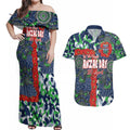 Canberra Raiders ANZAC Couples Matching Off Shoulder Maxi Dress and Hawaiian Shirt Indigenous Wave Pattern Poppy Remembrance Viking Warrior