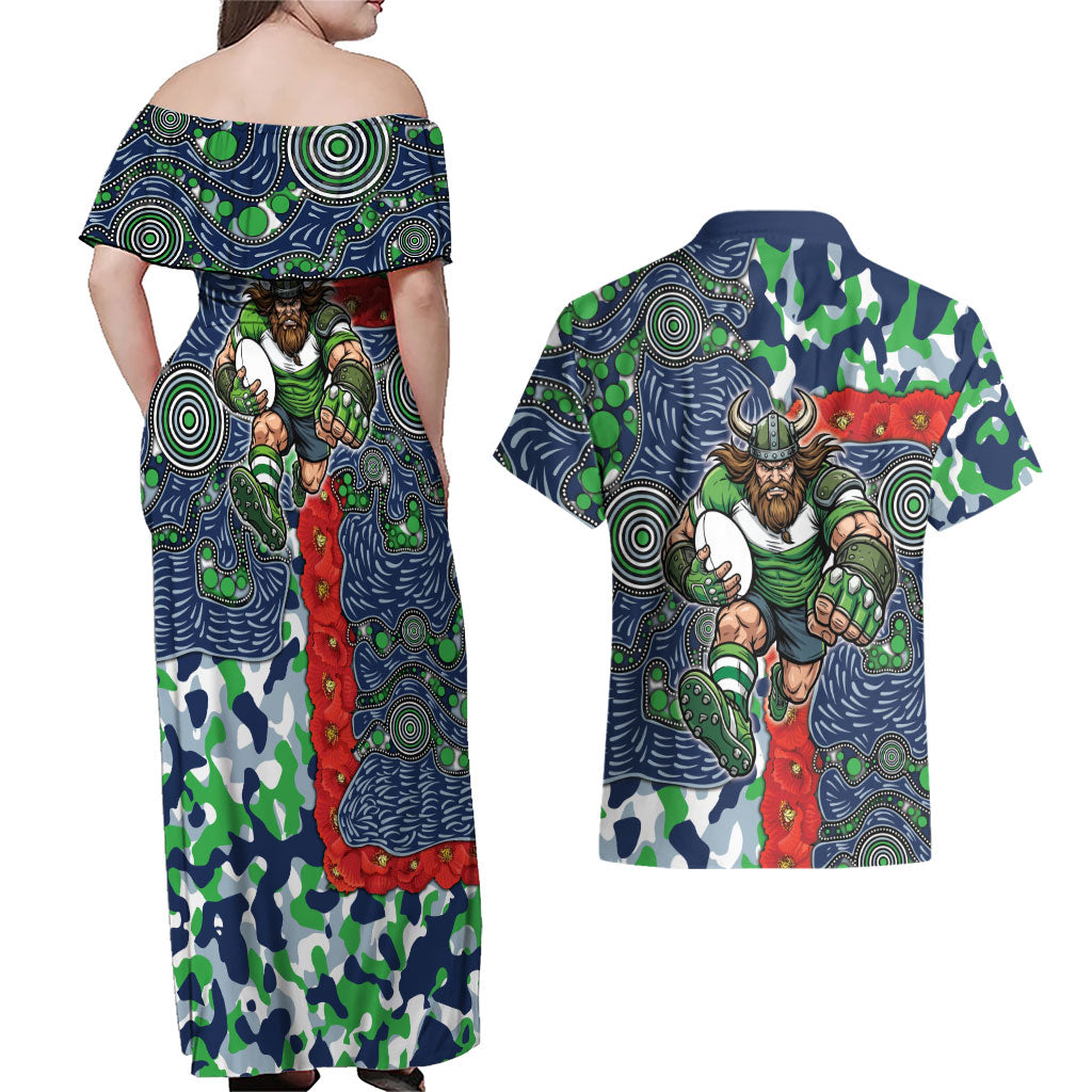 Canberra Raiders ANZAC Couples Matching Off Shoulder Maxi Dress and Hawaiian Shirt Indigenous Wave Pattern Poppy Remembrance Viking Warrior
