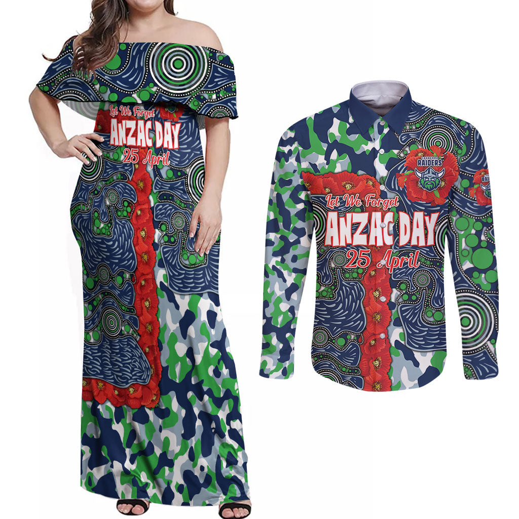 Canberra Raiders ANZAC Couples Matching Off Shoulder Maxi Dress and Long Sleeve Button Shirt Indigenous Wave Pattern Poppy Remembrance Viking Warrior