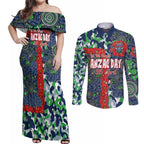 Canberra Raiders ANZAC Couples Matching Off Shoulder Maxi Dress and Long Sleeve Button Shirt Indigenous Wave Pattern Poppy Remembrance Viking Warrior