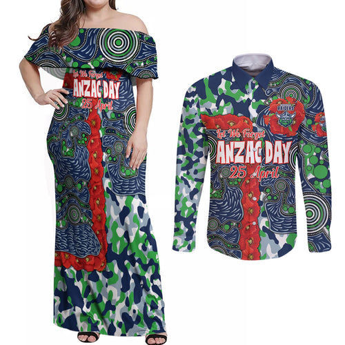 Canberra Raiders ANZAC Couples Matching Off Shoulder Maxi Dress and Long Sleeve Button Shirt Indigenous Wave Pattern Poppy Remembrance Viking Warrior