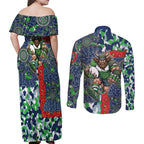Canberra Raiders ANZAC Couples Matching Off Shoulder Maxi Dress and Long Sleeve Button Shirt Indigenous Wave Pattern Poppy Remembrance Viking Warrior