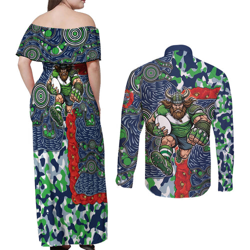 Canberra Raiders ANZAC Couples Matching Off Shoulder Maxi Dress and Long Sleeve Button Shirt Indigenous Wave Pattern Poppy Remembrance Viking Warrior