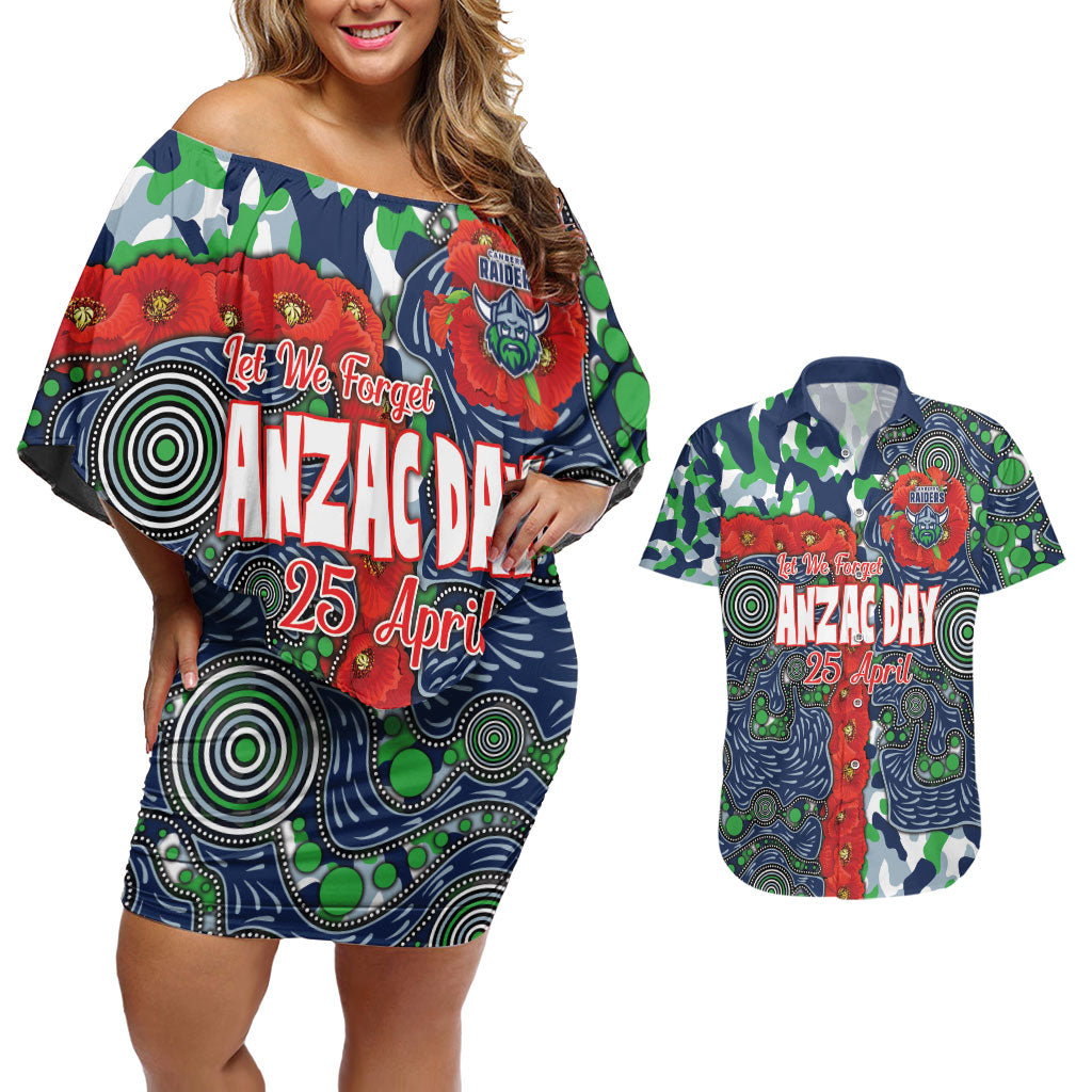 Canberra Raiders ANZAC Couples Matching Off Shoulder Short Dress and Hawaiian Shirt Indigenous Wave Pattern Poppy Remembrance Viking Warrior