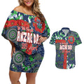 Canberra Raiders ANZAC Couples Matching Off Shoulder Short Dress and Hawaiian Shirt Indigenous Wave Pattern Poppy Remembrance Viking Warrior