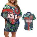 Canberra Raiders ANZAC Couples Matching Off Shoulder Short Dress and Hawaiian Shirt Indigenous Wave Pattern Poppy Remembrance Viking Warrior