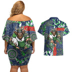 Canberra Raiders ANZAC Couples Matching Off Shoulder Short Dress and Hawaiian Shirt Indigenous Wave Pattern Poppy Remembrance Viking Warrior