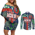 Canberra Raiders ANZAC Couples Matching Off Shoulder Short Dress and Long Sleeve Button Shirt Indigenous Wave Pattern Poppy Remembrance Viking Warrior