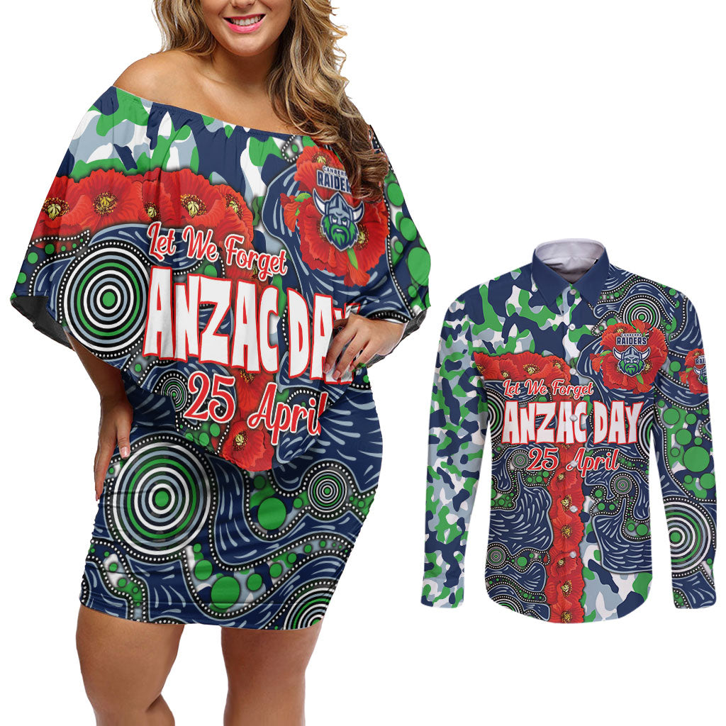 Canberra Raiders ANZAC Couples Matching Off Shoulder Short Dress and Long Sleeve Button Shirt Indigenous Wave Pattern Poppy Remembrance Viking Warrior