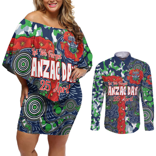Canberra Raiders ANZAC Couples Matching Off Shoulder Short Dress and Long Sleeve Button Shirt Indigenous Wave Pattern Poppy Remembrance Viking Warrior