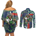 Canberra Raiders ANZAC Couples Matching Off Shoulder Short Dress and Long Sleeve Button Shirt Indigenous Wave Pattern Poppy Remembrance Viking Warrior