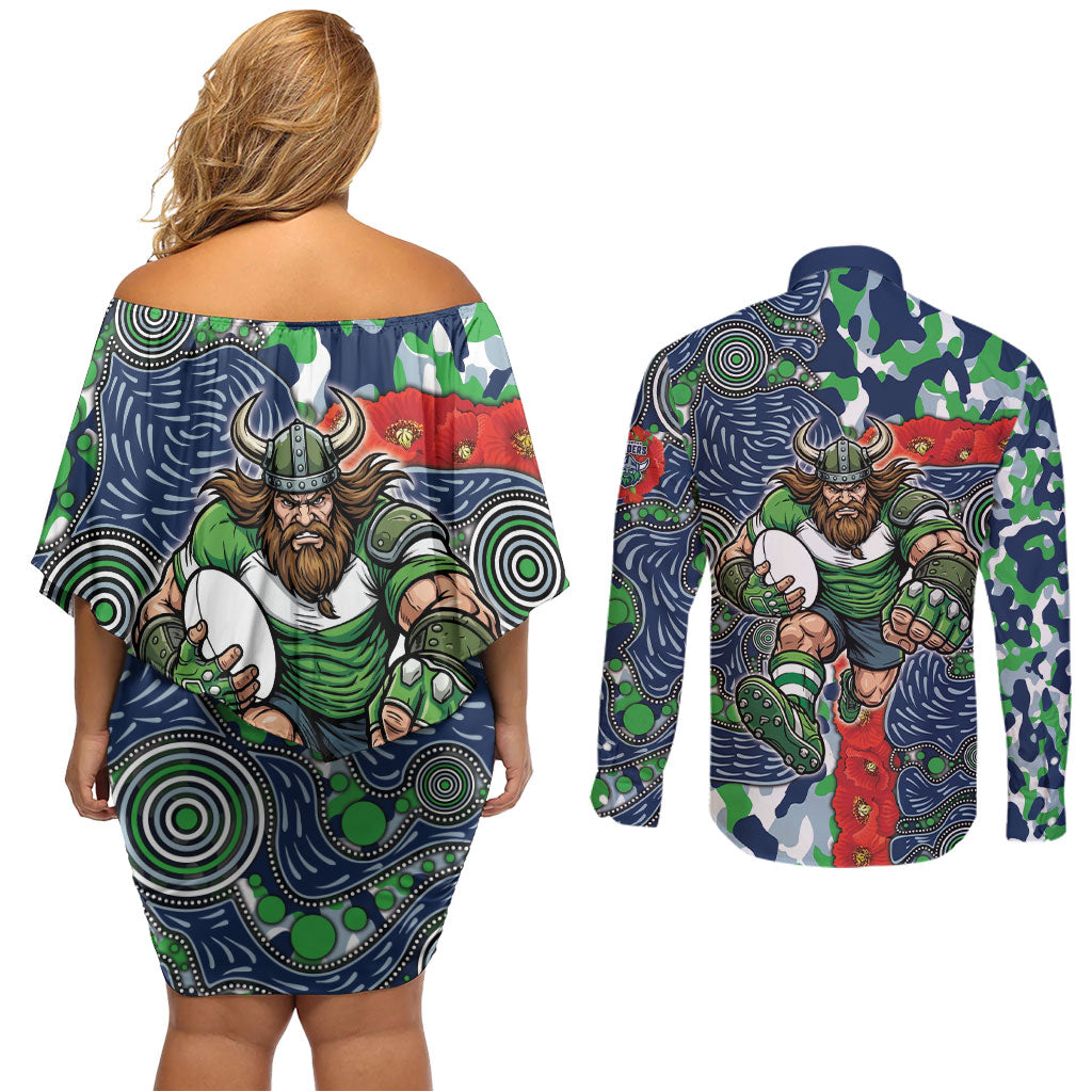 Canberra Raiders ANZAC Couples Matching Off Shoulder Short Dress and Long Sleeve Button Shirt Indigenous Wave Pattern Poppy Remembrance Viking Warrior