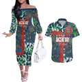 Canberra Raiders ANZAC Couples Matching Off The Shoulder Long Sleeve Dress and Hawaiian Shirt Indigenous Wave Pattern Poppy Remembrance Viking Warrior