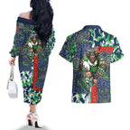 Canberra Raiders ANZAC Couples Matching Off The Shoulder Long Sleeve Dress and Hawaiian Shirt Indigenous Wave Pattern Poppy Remembrance Viking Warrior