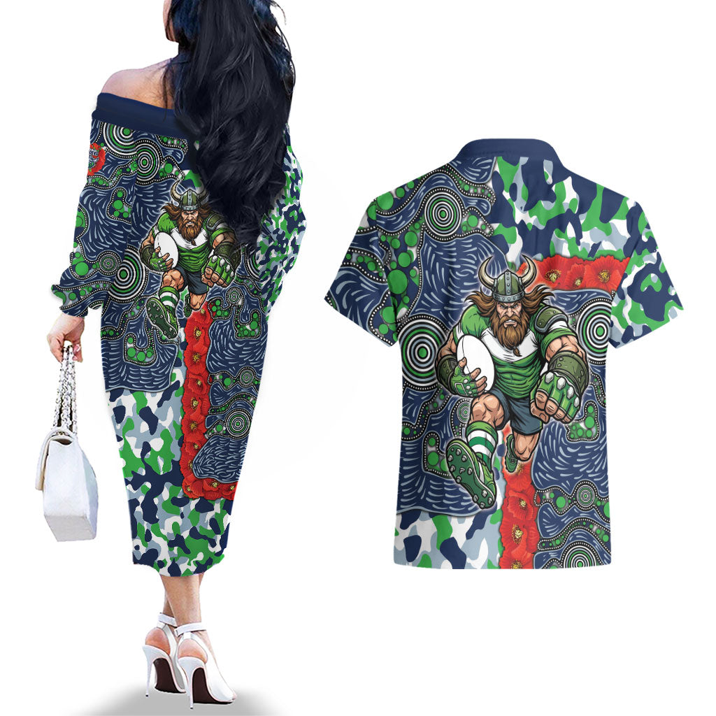 Canberra Raiders ANZAC Couples Matching Off The Shoulder Long Sleeve Dress and Hawaiian Shirt Indigenous Wave Pattern Poppy Remembrance Viking Warrior
