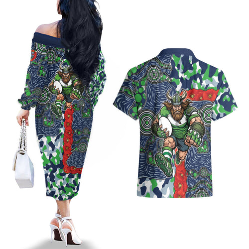 Canberra Raiders ANZAC Couples Matching Off The Shoulder Long Sleeve Dress and Hawaiian Shirt Indigenous Wave Pattern Poppy Remembrance Viking Warrior