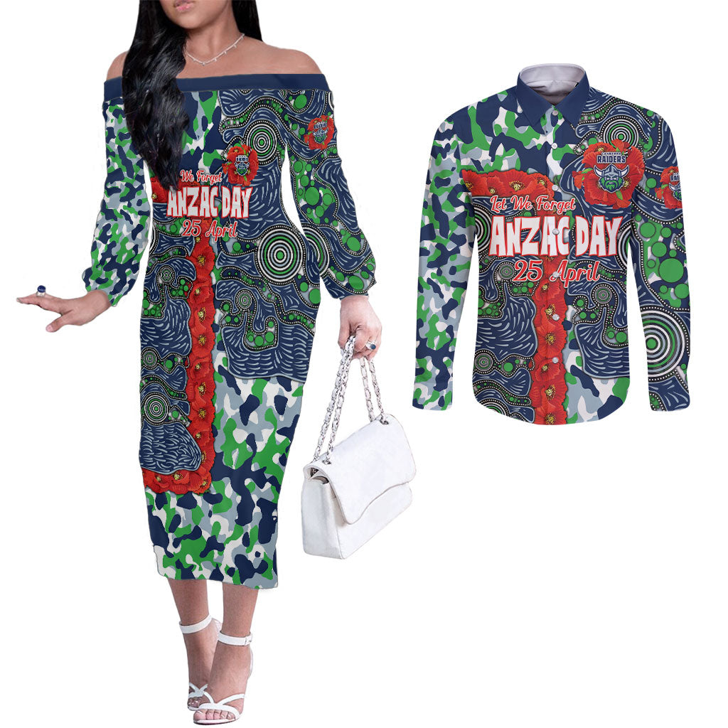 Canberra Raiders ANZAC Couples Matching Off The Shoulder Long Sleeve Dress and Long Sleeve Button Shirt Indigenous Wave Pattern Poppy Remembrance Viking Warrior