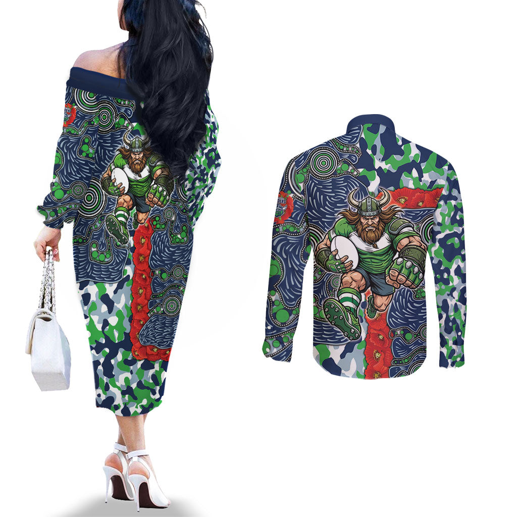 Canberra Raiders ANZAC Couples Matching Off The Shoulder Long Sleeve Dress and Long Sleeve Button Shirt Indigenous Wave Pattern Poppy Remembrance Viking Warrior