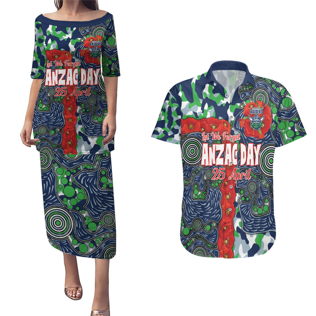 Canberra Raiders ANZAC Couples Matching Puletasi and Hawaiian Shirt Indigenous Wave Pattern Poppy Remembrance Viking Warrior