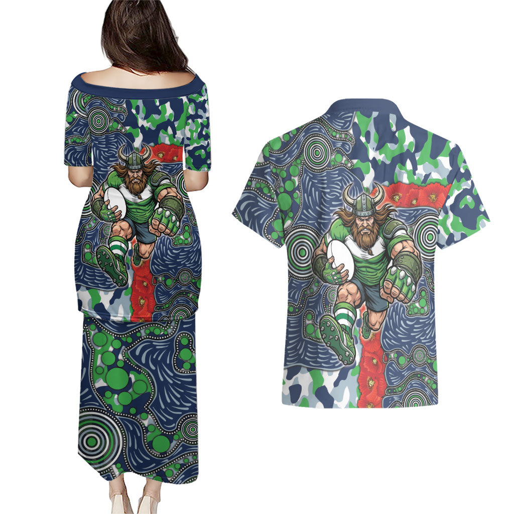 Canberra Raiders ANZAC Couples Matching Puletasi and Hawaiian Shirt Indigenous Wave Pattern Poppy Remembrance Viking Warrior
