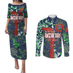 Canberra Raiders ANZAC Couples Matching Puletasi and Long Sleeve Button Shirt Indigenous Wave Pattern Poppy Remembrance Viking Warrior