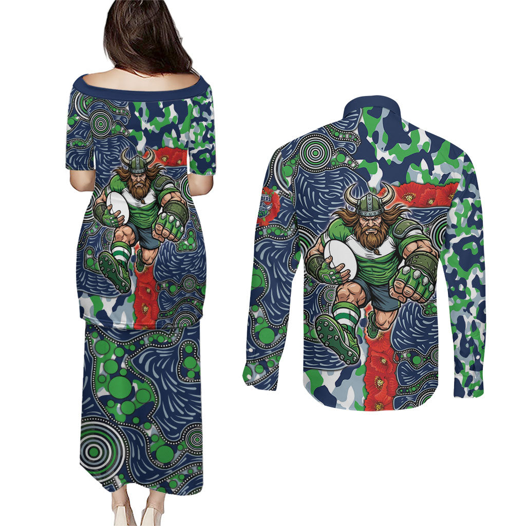 Canberra Raiders ANZAC Couples Matching Puletasi and Long Sleeve Button Shirt Indigenous Wave Pattern Poppy Remembrance Viking Warrior