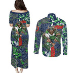 Canberra Raiders ANZAC Couples Matching Puletasi and Long Sleeve Button Shirt Indigenous Wave Pattern Poppy Remembrance Viking Warrior