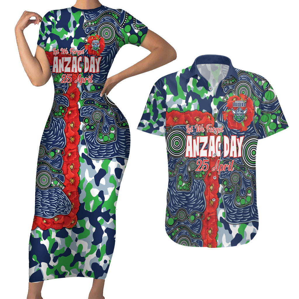 Canberra Raiders ANZAC Couples Matching Short Sleeve Bodycon Dress and Hawaiian Shirt Indigenous Wave Pattern Poppy Remembrance Viking Warrior