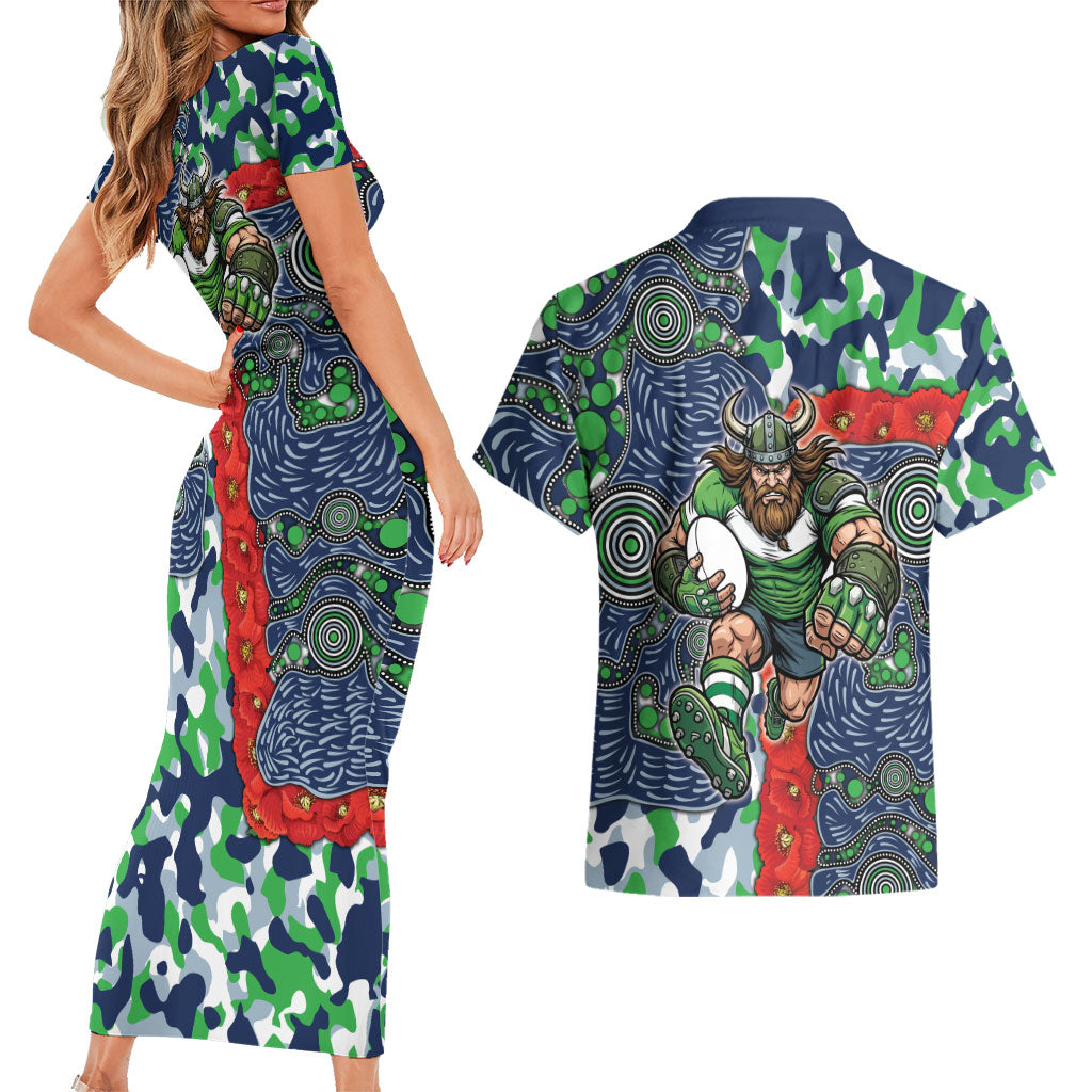 Canberra Raiders ANZAC Couples Matching Short Sleeve Bodycon Dress and Hawaiian Shirt Indigenous Wave Pattern Poppy Remembrance Viking Warrior