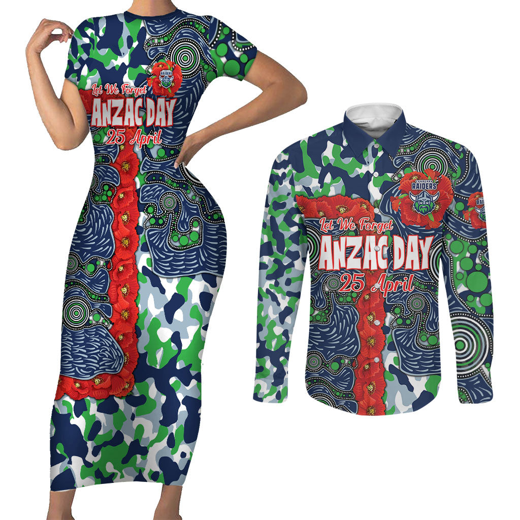 Canberra Raiders ANZAC Couples Matching Short Sleeve Bodycon Dress and Long Sleeve Button Shirt Indigenous Wave Pattern Poppy Remembrance Viking Warrior