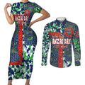 Canberra Raiders ANZAC Couples Matching Short Sleeve Bodycon Dress and Long Sleeve Button Shirt Indigenous Wave Pattern Poppy Remembrance Viking Warrior