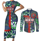 Canberra Raiders ANZAC Couples Matching Short Sleeve Bodycon Dress and Long Sleeve Button Shirt Indigenous Wave Pattern Poppy Remembrance Viking Warrior