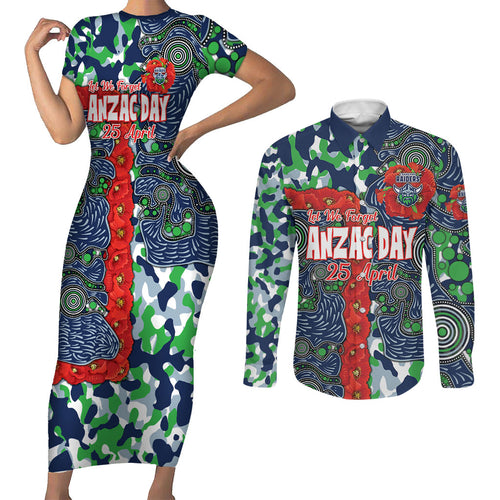 Canberra Raiders ANZAC Couples Matching Short Sleeve Bodycon Dress and Long Sleeve Button Shirt Indigenous Wave Pattern Poppy Remembrance Viking Warrior
