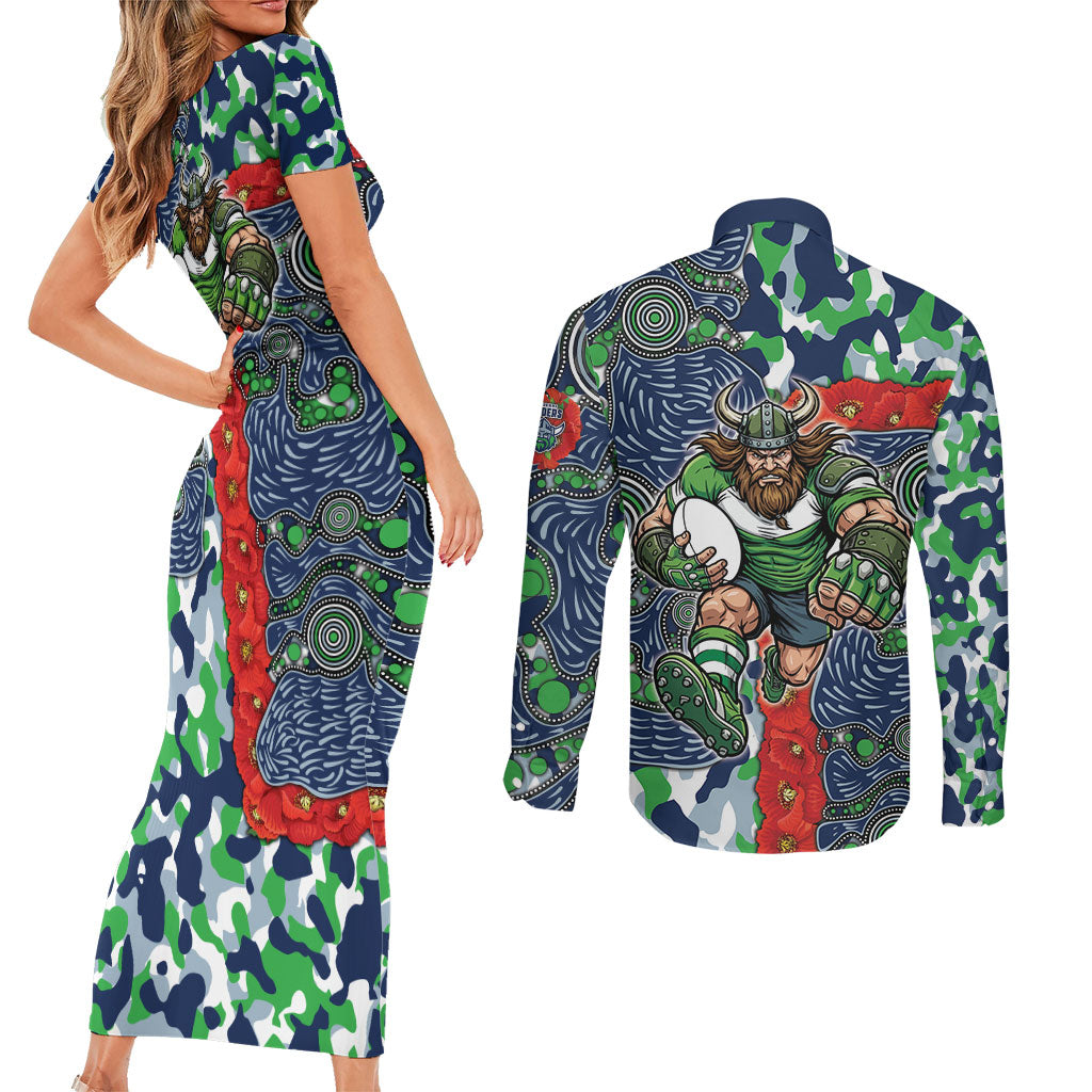 Canberra Raiders ANZAC Couples Matching Short Sleeve Bodycon Dress and Long Sleeve Button Shirt Indigenous Wave Pattern Poppy Remembrance Viking Warrior