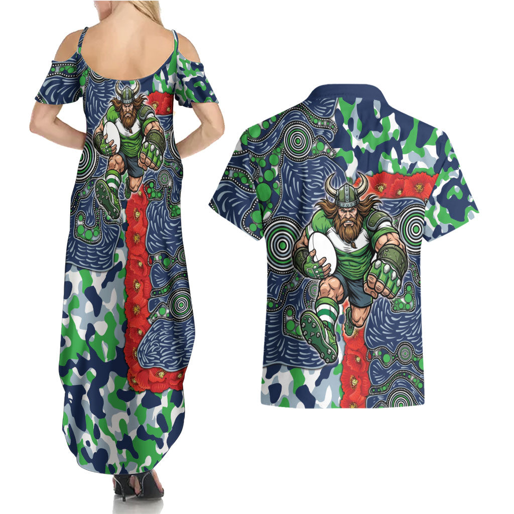 Canberra Raiders ANZAC Couples Matching Summer Maxi Dress and Hawaiian Shirt Indigenous Wave Pattern Poppy Remembrance Viking Warrior