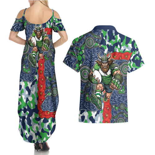 Canberra Raiders ANZAC Couples Matching Summer Maxi Dress and Hawaiian Shirt Indigenous Wave Pattern Poppy Remembrance Viking Warrior