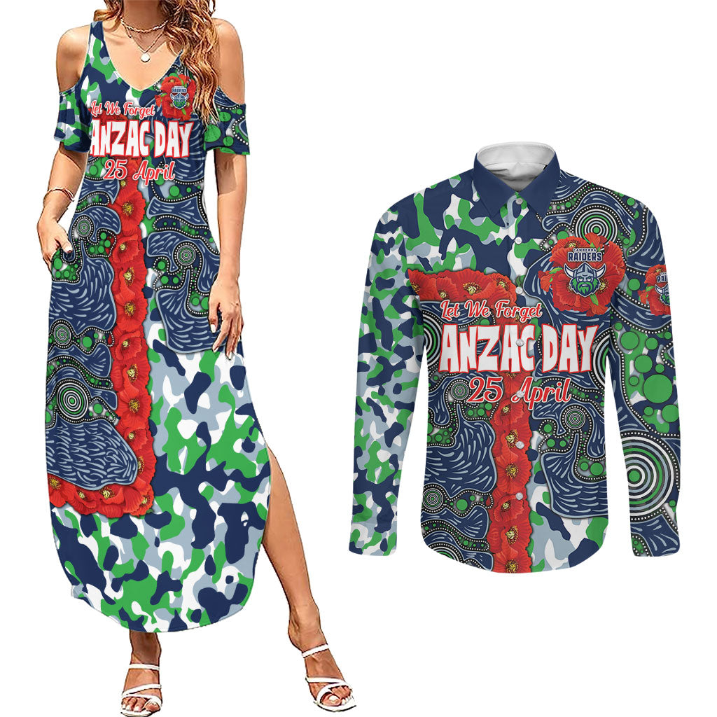 Canberra Raiders ANZAC Couples Matching Summer Maxi Dress and Long Sleeve Button Shirt Indigenous Wave Pattern Poppy Remembrance Viking Warrior